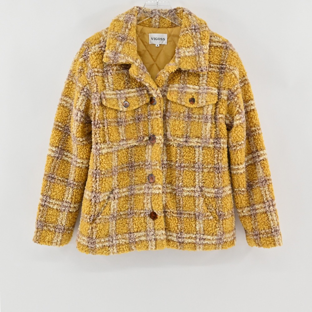 Vigoss Plaid Sherpa‎ Fleece Jacket Womens Size S Mustard Yellow Cozy Fall Casual